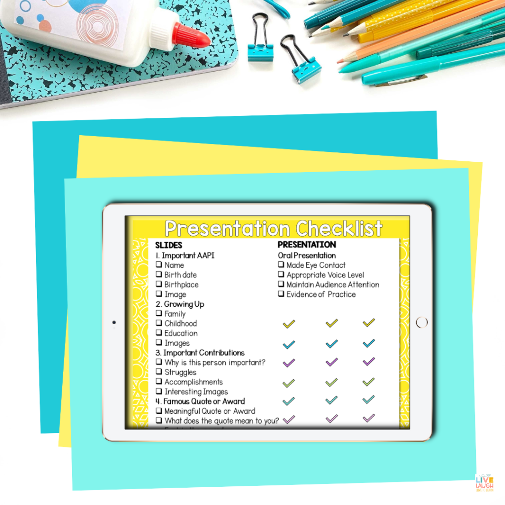 Image of a tablet displaying a Google Slide of a Presentation Checklist for students to include in a comprehensive presentation for Asian American and Pacific Islanders Month