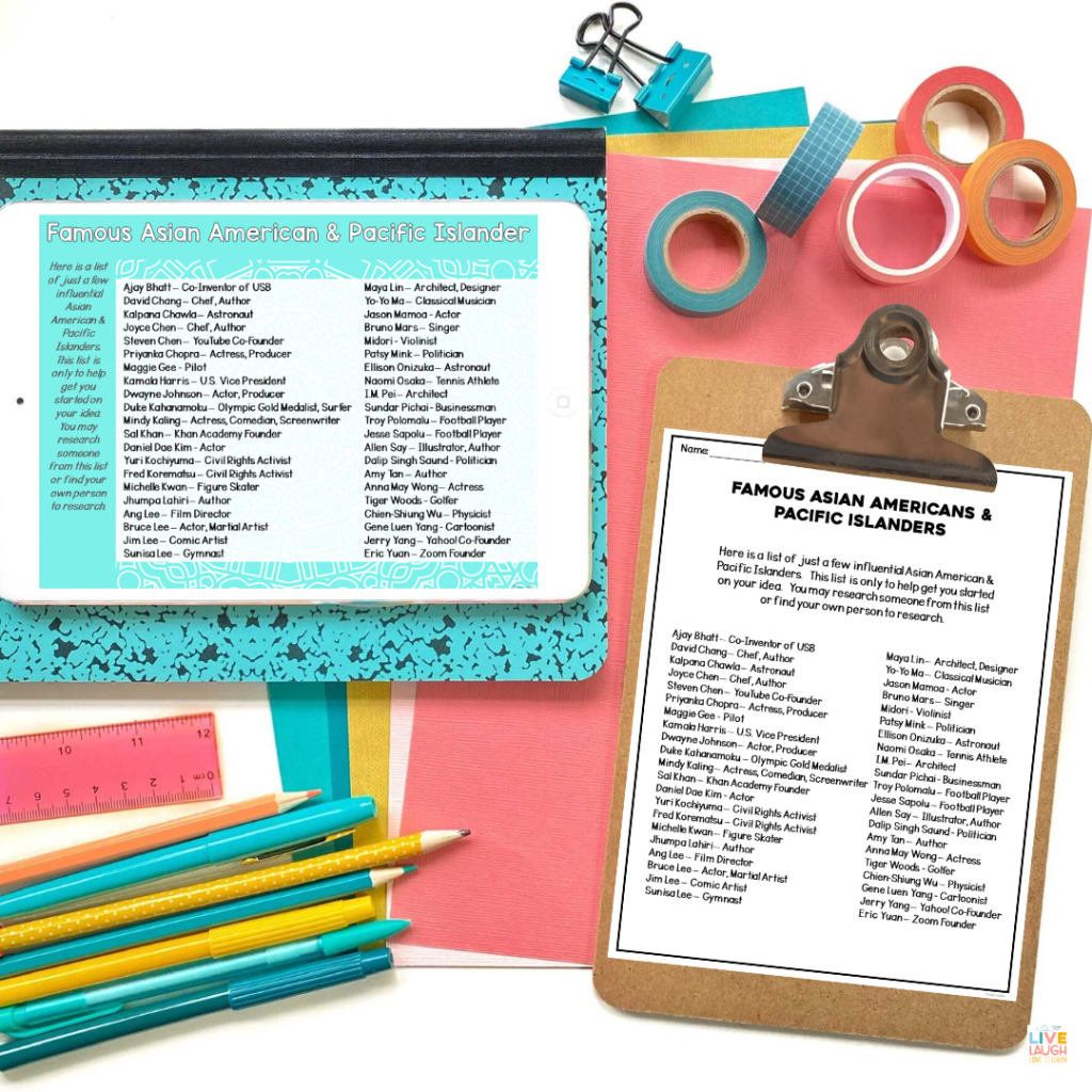 A desk with a tablet and a clipboard. The tablet is displaying the digital version of a list of famous Asian American and Pacific Islanders. The clipboard has a printed page of the list.