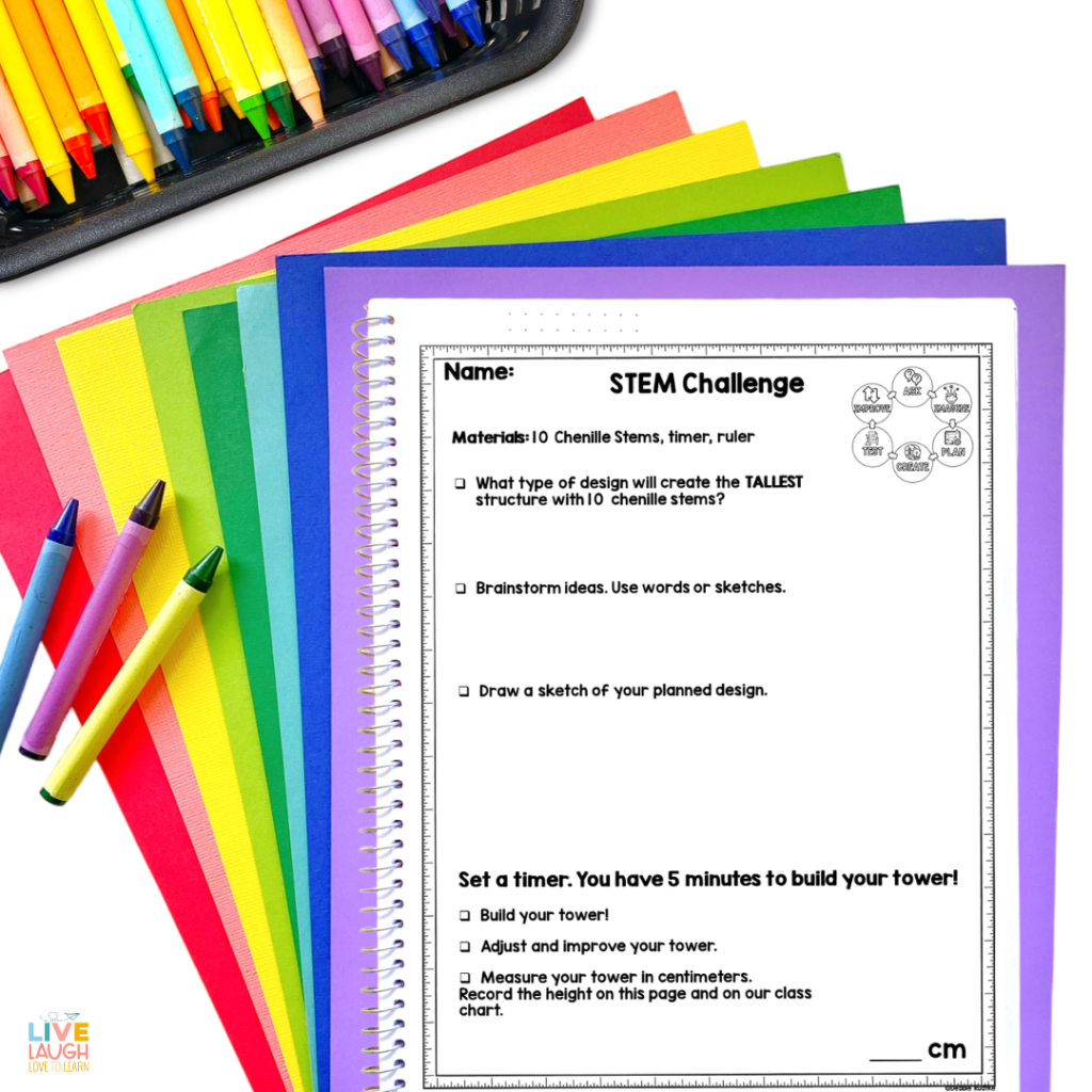 Image of a STEM Challenge page on top of colorful sheets of paper