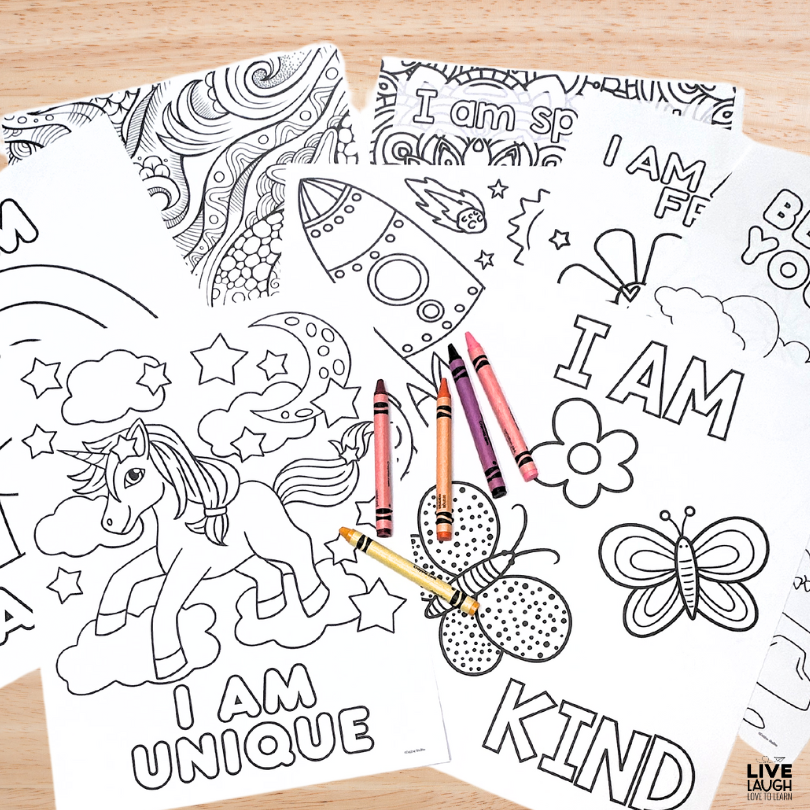 Image of children's coloring pages that say "I am unique", and "I am kind" on a table with some crayons