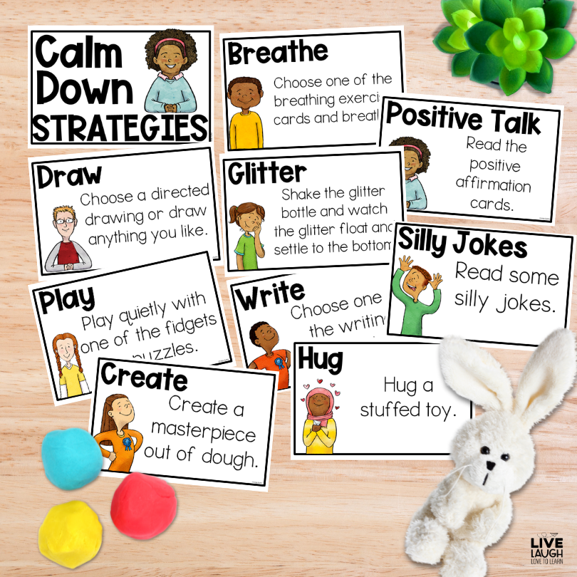 Image of Calm Down Strategy cards on a table with play dough and a white stuffed bunny toy
