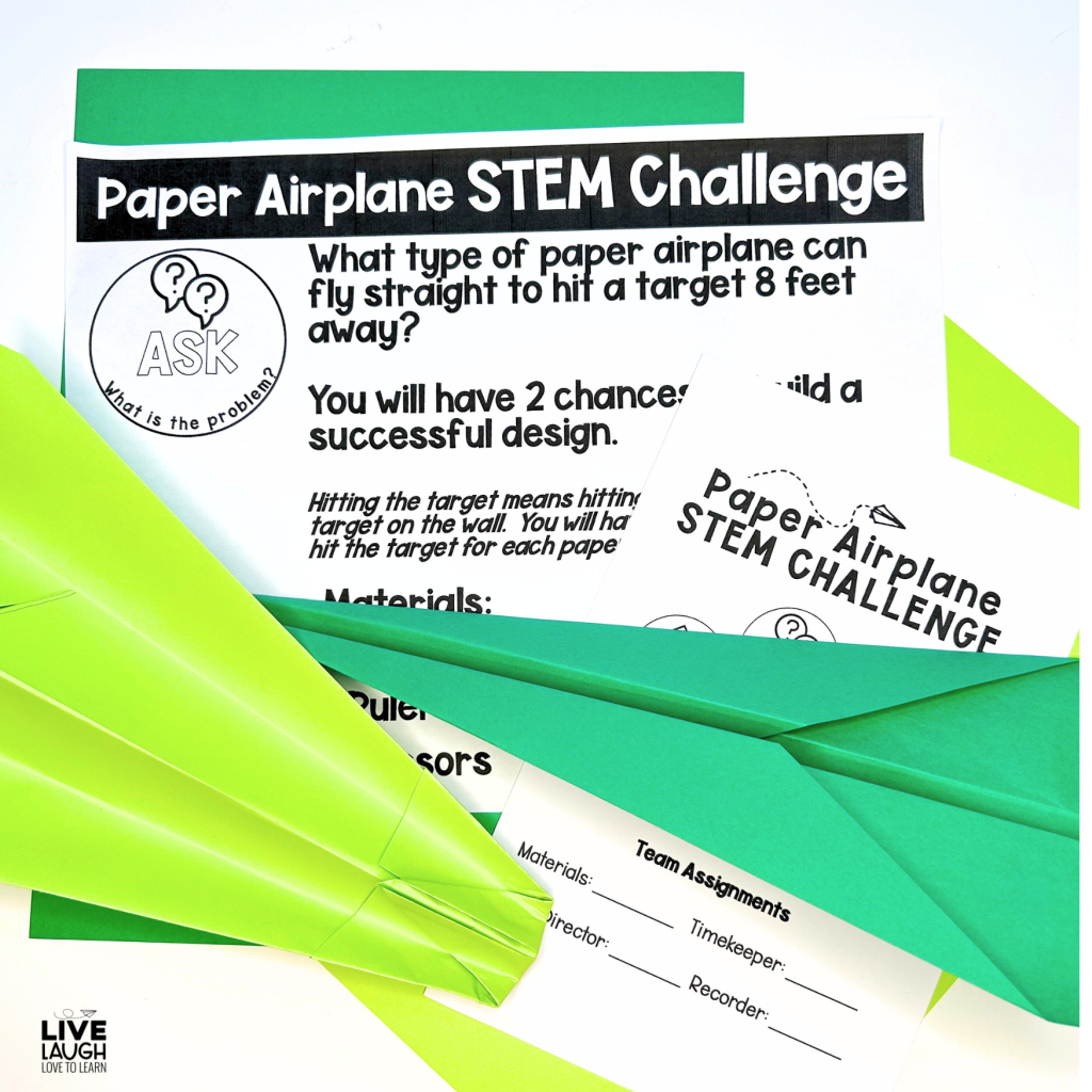 Materials and instructions for a "Paper Airplane STEM Challenge" are displayed, including green and yellow paper planes, project guidelines, and team assignments.
