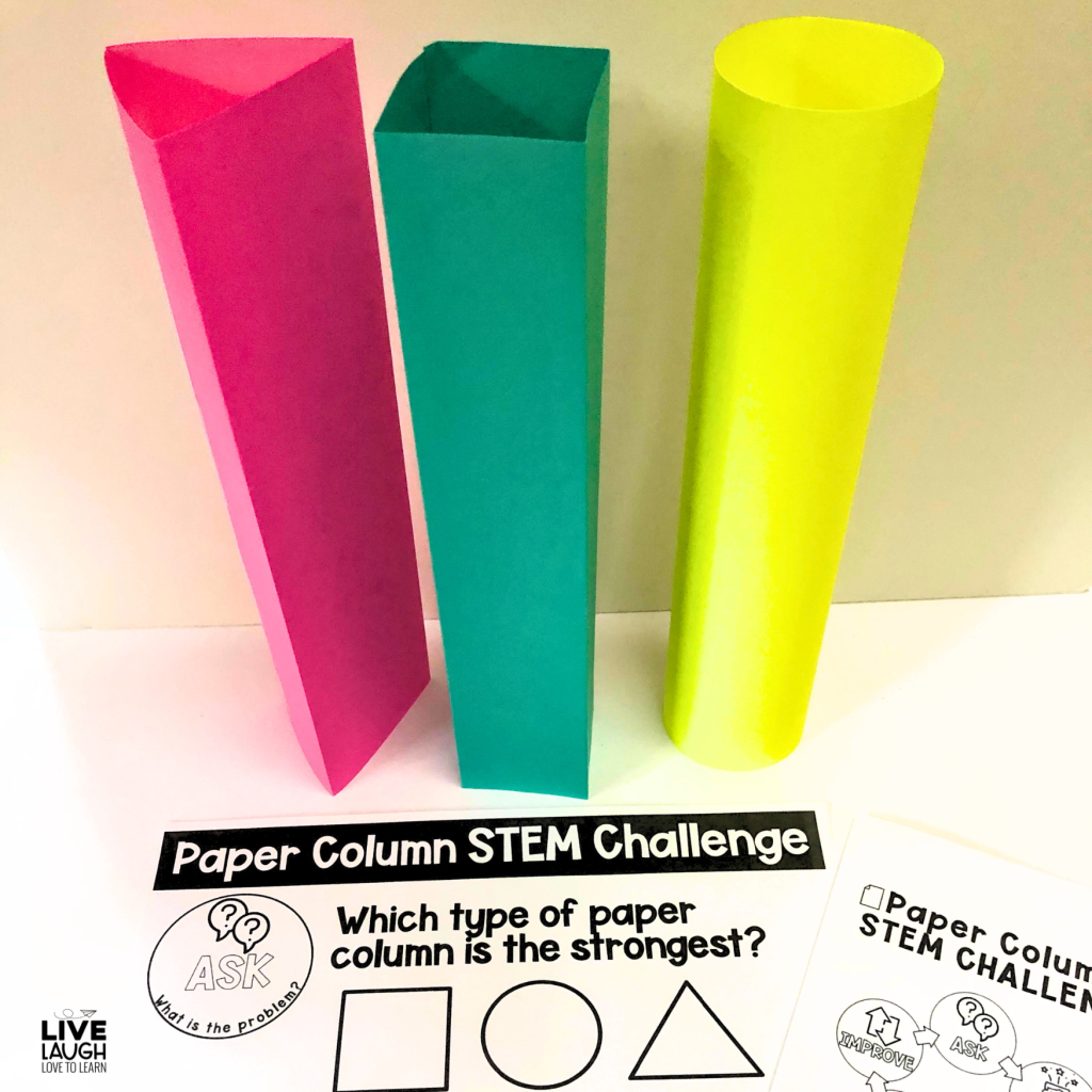 Image of a Paper Column STEM Challenge page that asks "Which type of paper column is the strongest" and shows a square, a circle, and a triangle. Standing behind the paper is a triangular pink paper column, a square green paper column, and a circular yellow paper column.
