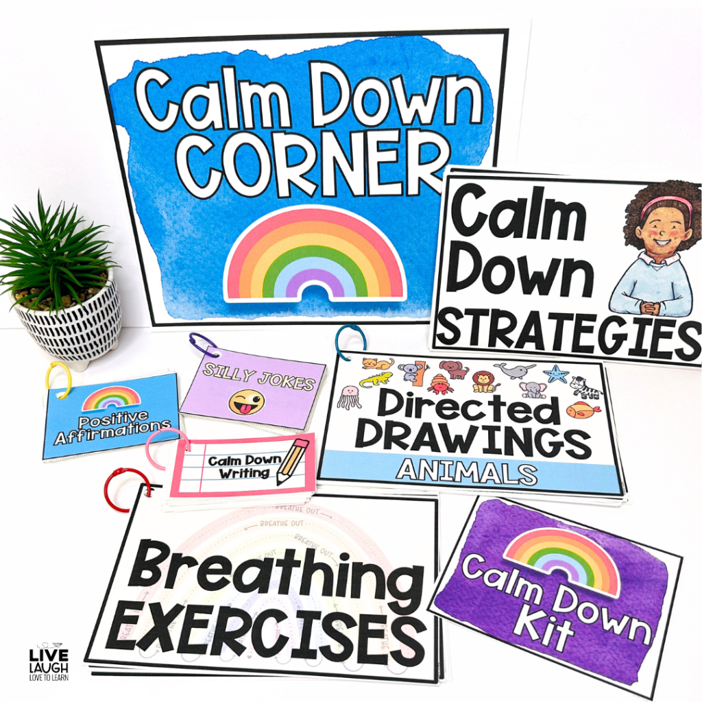 Image of a Calm Down Corner Kit with Calm Down strategy cards, breathing exercises, directed drawings, positive affirmations, silly jokes, and calm down writing prompts