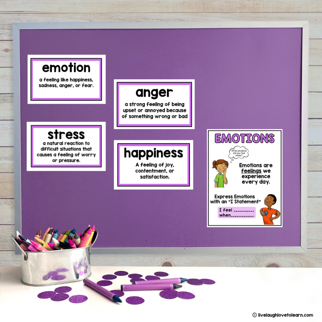 A purple bulletin board featuring vocabulary cards for "emotion," "anger," "stress," and "happiness," each with a definition in bold text. The board also includes a colorful poster titled "Emotions," showing a boy and girl expressing feelings with a prompt to use "I feel" statements. Below the board are purple glitter dots, crayons, and markers in a small tin container on a desk.