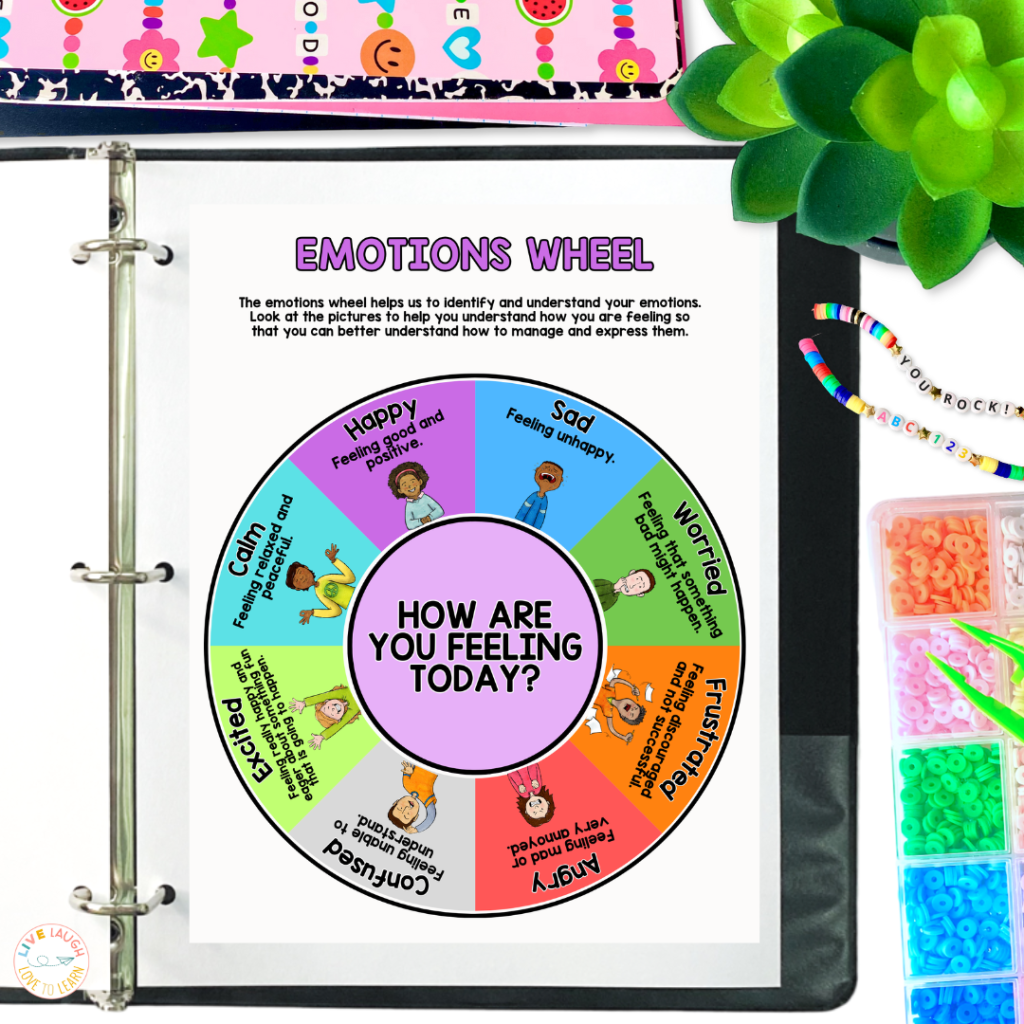 A colorful "Emotions Wheel" displayed in a binder, surrounded by cheerful decorations including beads, a plant, and patterned accessories. The wheel features labeled sections with words like "Happy," "Sad," "Worried," "Angry," "Frustrated," "Confused," "Excited," and "Calm," each accompanied by a brief description and an illustration of a child expressing the corresponding emotion. The center reads, "How Are You Feeling Today?" in bold text on a light purple circle.