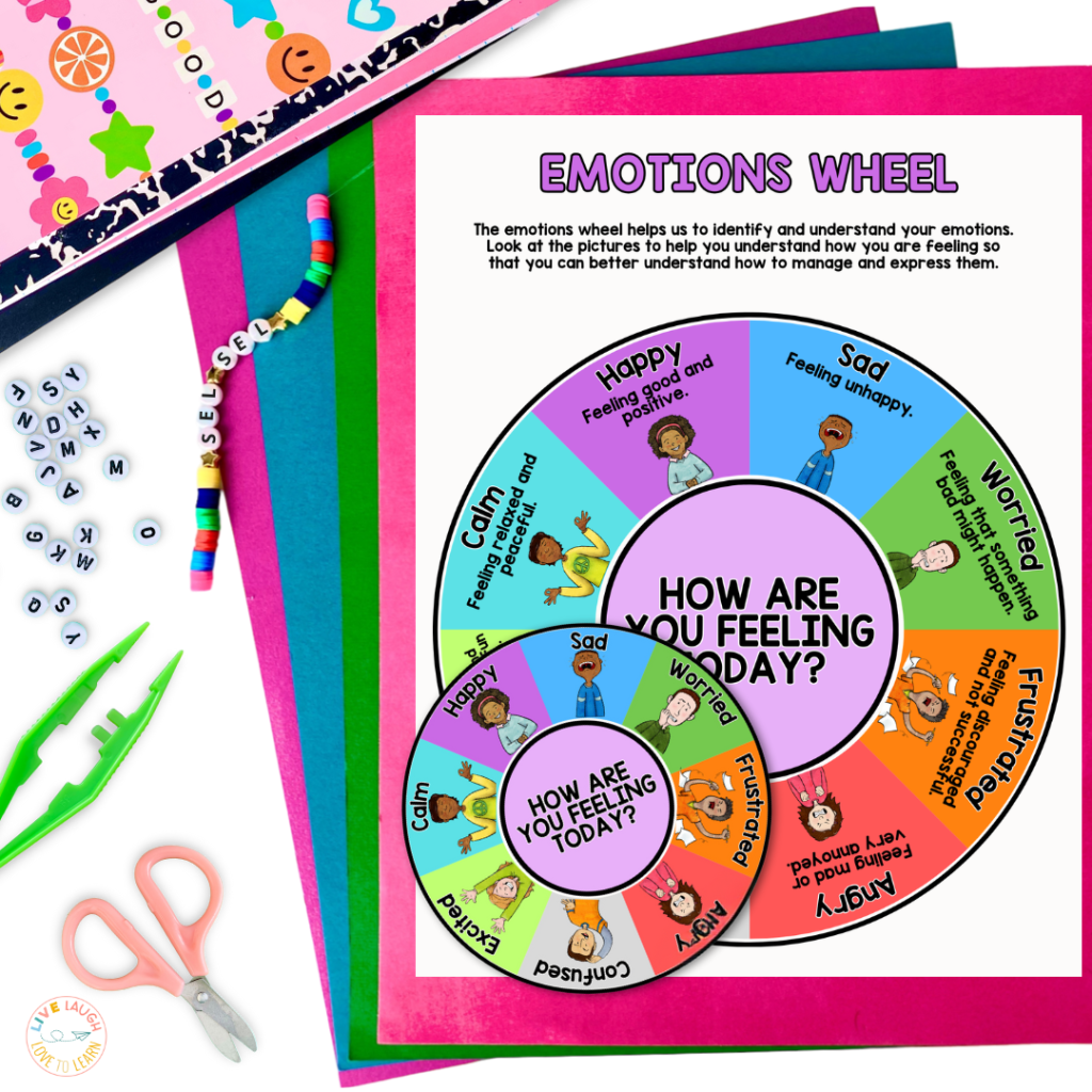 An emotions wheel pdf displayed on colorful background papers, featuring a vibrant wheel with sections labeled with emotions such as happy, sad, worried, frustrated, and calm. Each section includes a descriptive phrase and a character illustration depicting the emotion. The title reads 'How Are You Feeling Today?' A smaller, circular cut-out version of the emotions wheel is also shown. Surrounding the worksheet are school supplies, including scissors, tweezers, beads spelling 'SEL,' and a brightly patterned notebook.