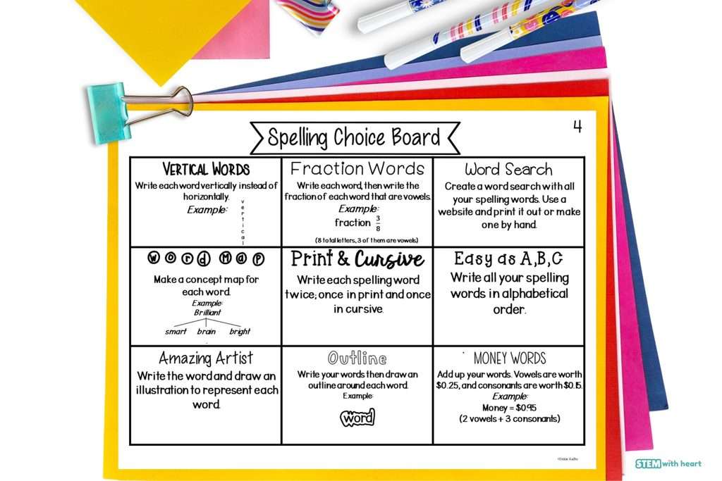 Spelling choice board with nine activities for practicing spelling words, including fraction words, word maps, cursive writing, alphabetical order, and money words.