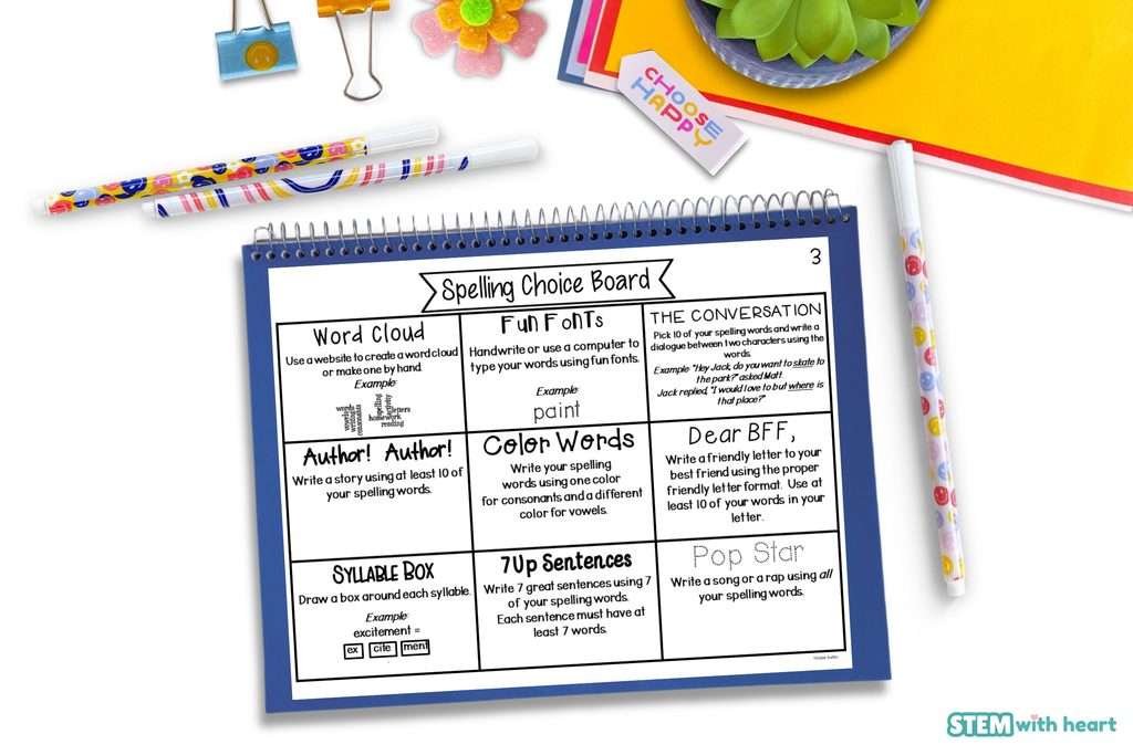 Creative spelling choice board with engaging activities such as 'Word Cloud,' 'Fun Fonts,' 'Color Words,' and 'Pop Star' song writing. Ideal resource to motivate elementary students during spelling practice