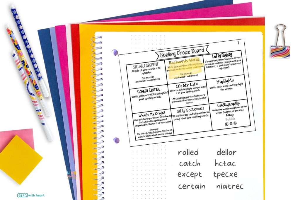Creative spelling choice board with engaging activities such as 'Word Cloud,' 'Fun Fonts,' 'Color Words,' and 'Pop Star' song writing. Ideal resource to motivate elementary students during spelling practice