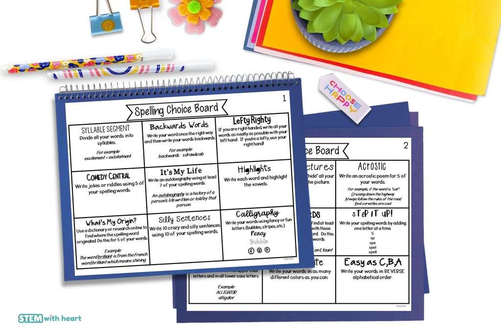 Printable spelling choice board activity featuring creative spelling exercises, including 'Backwards Words,' 'Lefty Righty,' 'Comedy Central,' and 'Calligraphy.' Ideal for elementary students to practice spelling in a fun way