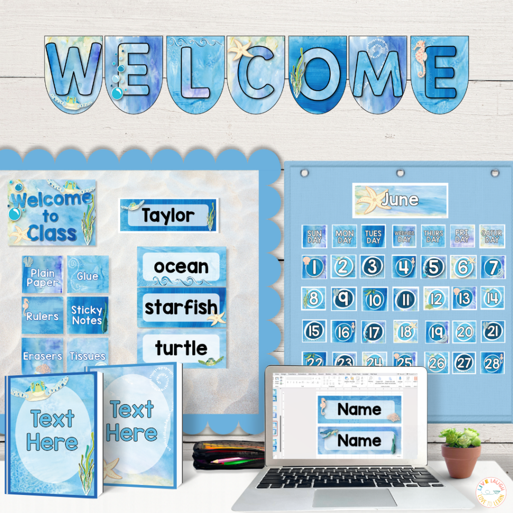 Ocean-themed back to school classroom decor set with a blue welcome banner, calendar, editable name tags, supply labels, and digital templates, ideal for budget-friendly classroom decor ideas.