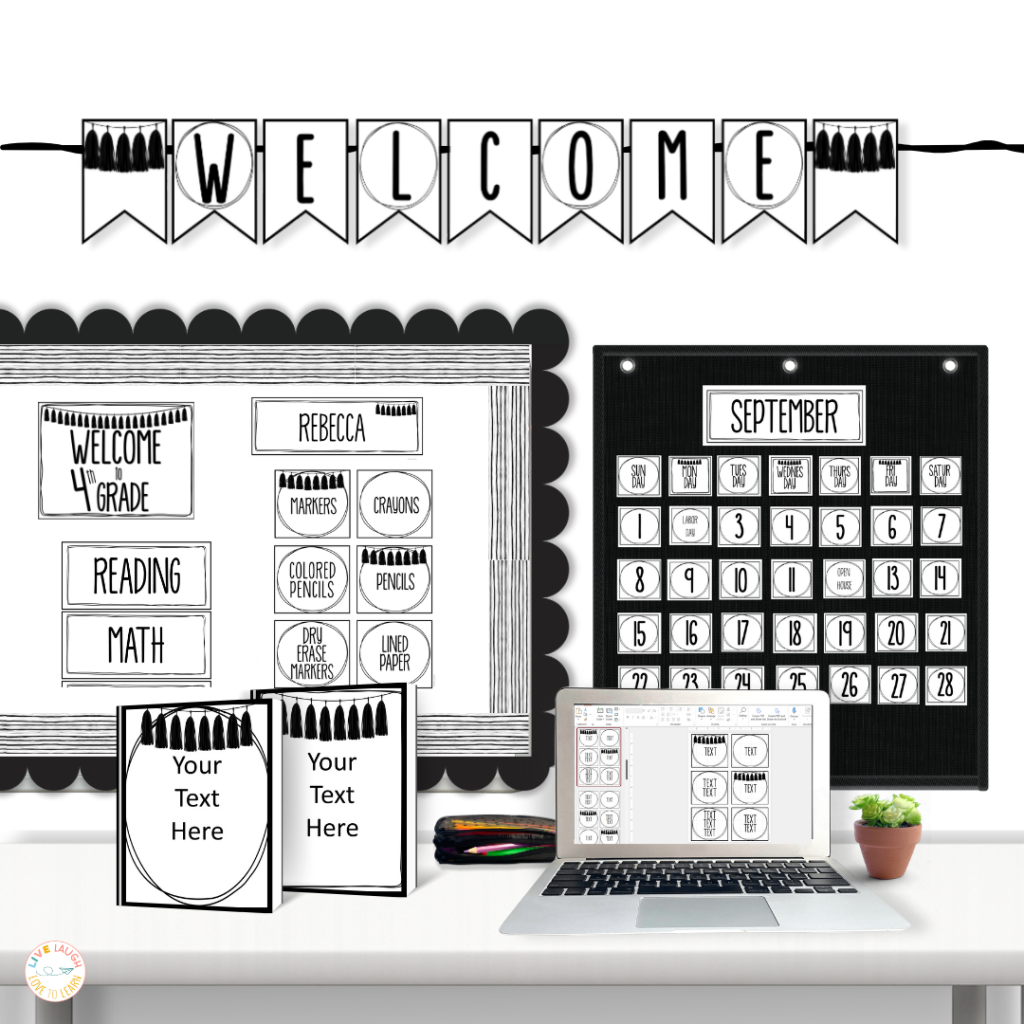 Black and white back to school classroom decor set with welcome banner, calendar, supply labels, subject headers, and editable templates on a laptop—perfect for budget-friendly classroom decor ideas.