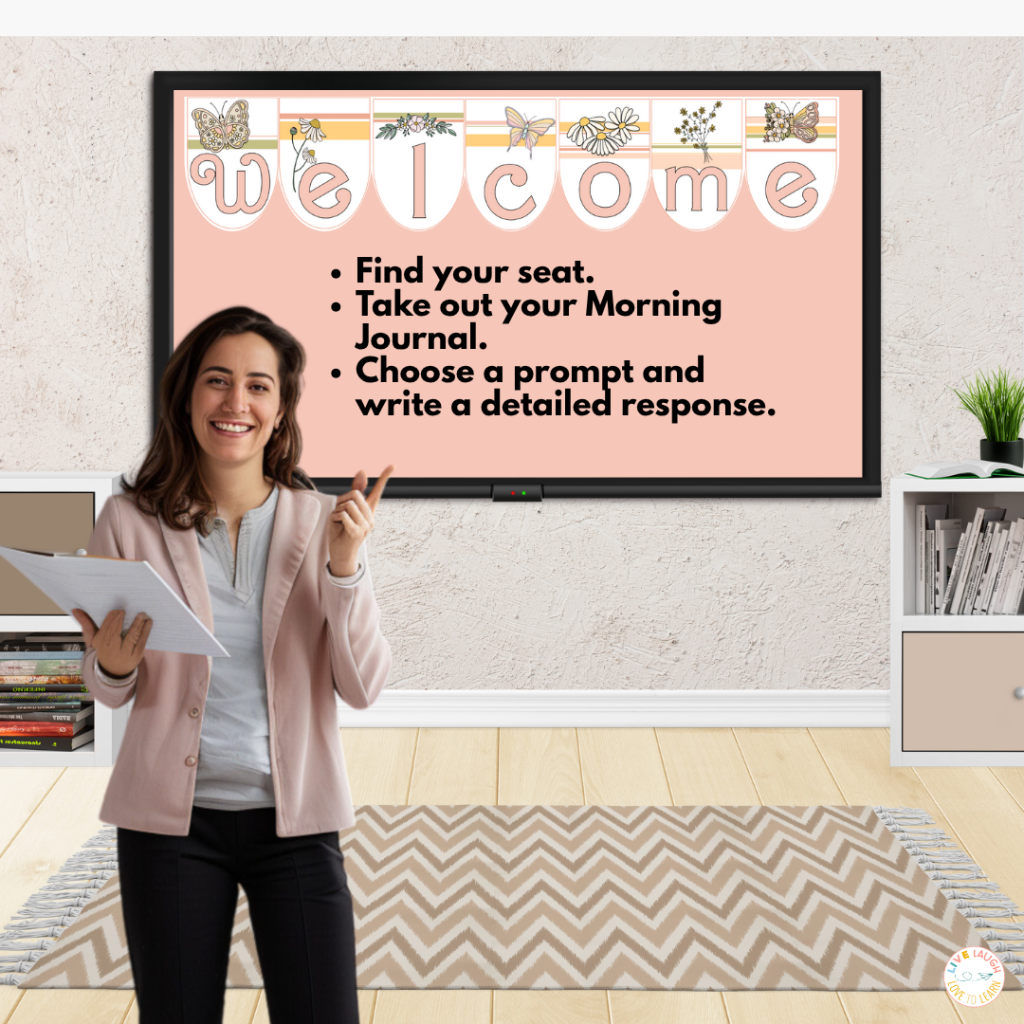 Teacher standing in front of a digital display showing a back to school classroom welcome slide with a boho butterfly banner and morning journal instructions, perfect for digital classroom decor ideas.