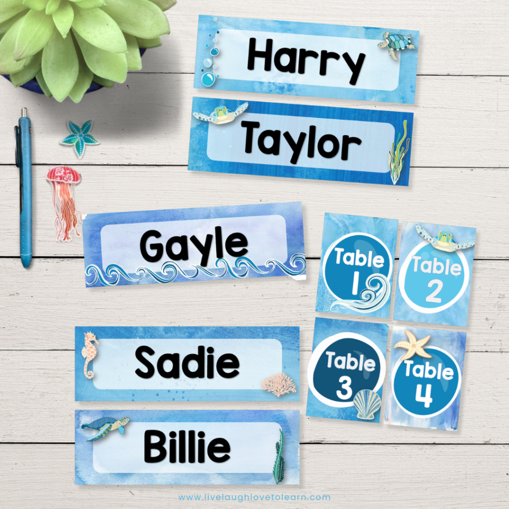 Under the Sea classroom decor with watercolor turtle name tags and table numbers