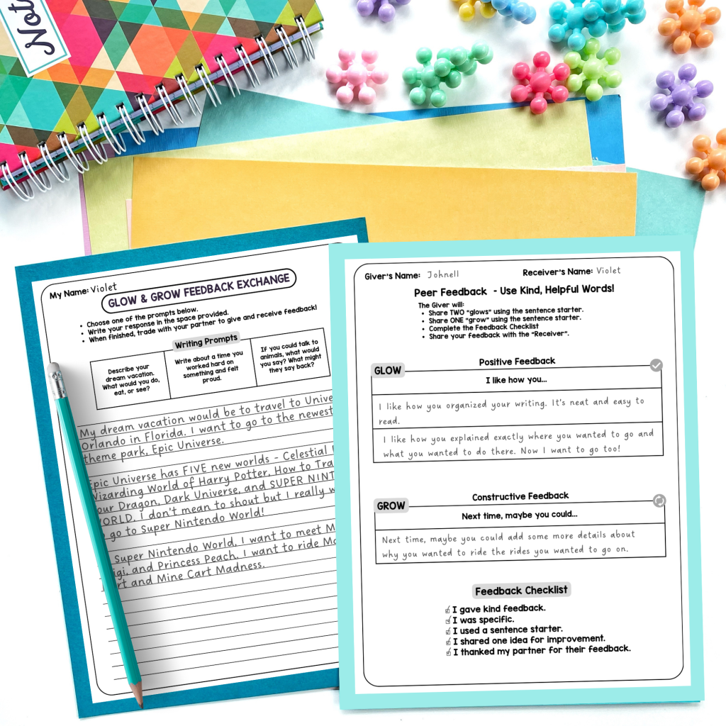 Two completed student worksheets from the Glow & Grow Feedback Exchange activity are displayed on colorful paper with a pencil nearby. One sheet shows a student's writing prompt response about visiting Epic Universe in Orlando, Florida. The second sheet contains peer feedback with specific “Glow” (positive) and “Grow” (constructive) comments, along with a checklist for giving kind, helpful feedback. The activity supports communication and reflection skills in an upper elementary classroom setting.