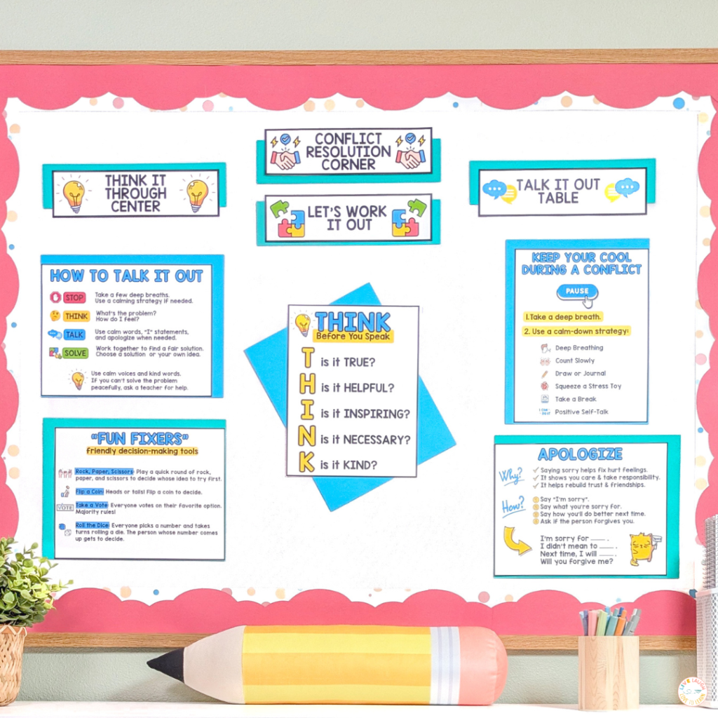 Classroom bulletin board titled “Conflict Resolution Corner” with colorful posters and labels such as “Think It Through Center,” “Talk It Out Table,” and “Let’s Work It Out.” The display includes tips like “THINK Before You Speak,” “How to Talk It Out,” “Keep Your Cool During a Conflict,” “Apologize,” and “Fun Fixers,” all designed to help students resolve conflicts peacefully. The board has a pink scalloped border, blue accent papers, and a large pencil decoration along the bottom edge.