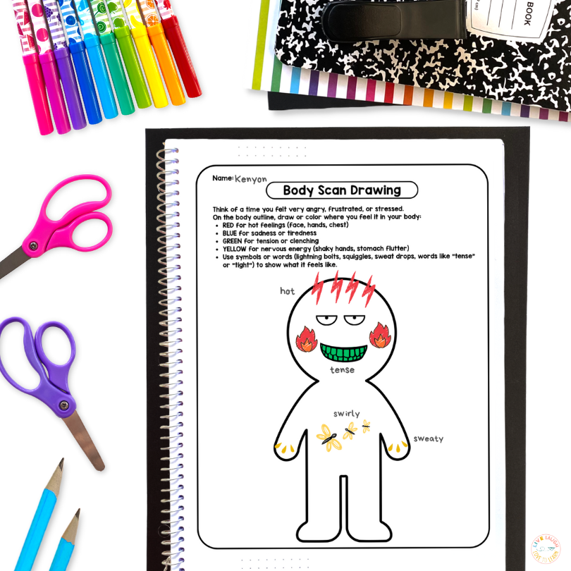 Mindfulness activity for kids image of a Body Scan Drawing mindfulness activity page from a classroom mindfulness lesson showing a student’s outline labeled with sensations like hot, tense, swirly, and sweaty. The worksheet sits on a notebook surrounded by colorful markers, scissors, and pencils.