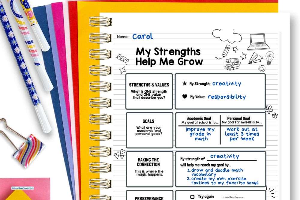 Self-awareness SEL worksheet titled “My Strengths Help Me Grow” showing sections for strengths, values, academic and personal goals, and perseverance strategies.