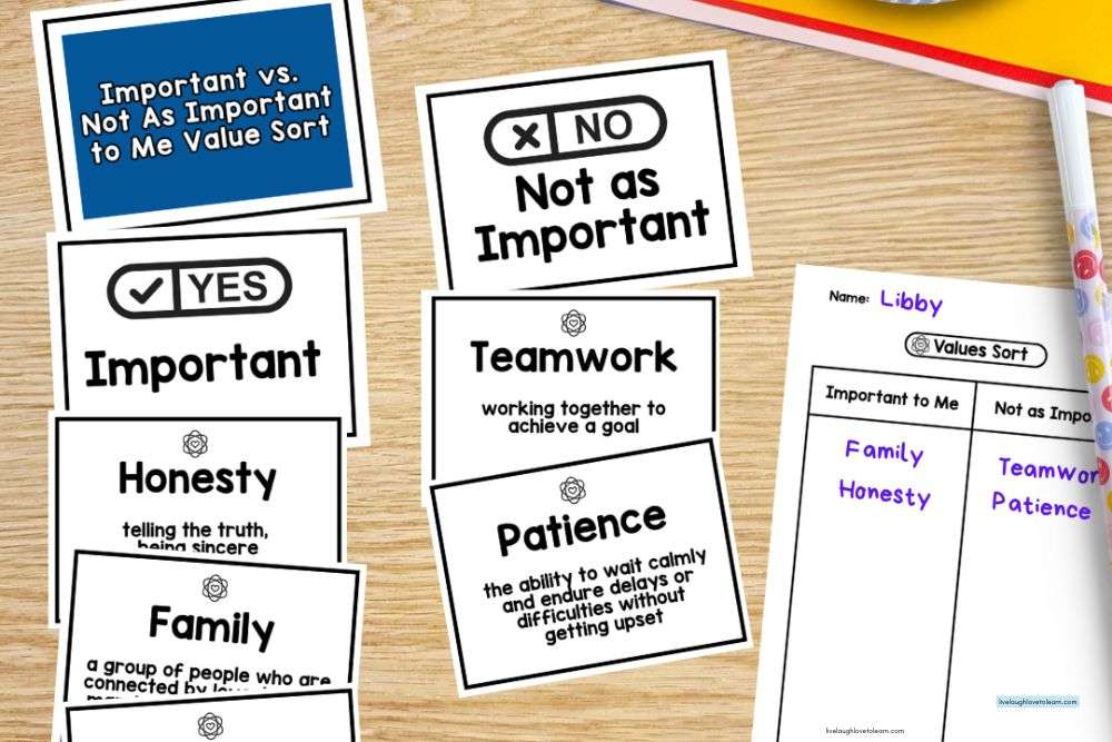 Student self-awareness values sort activity showing cards labeled important and not as important with values such as honesty, family, respect, teamwork, and patience.