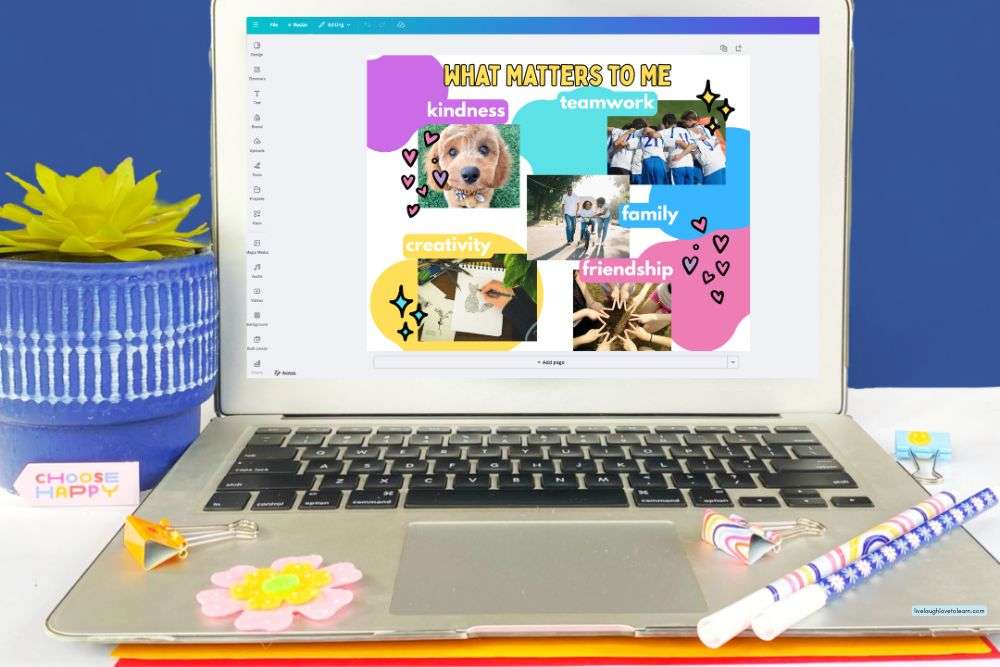 Self-awareness SEL activity displayed on a laptop screen showing a “What Matters to Me” collage with values like kindness, teamwork, family, creativity, and friendship.