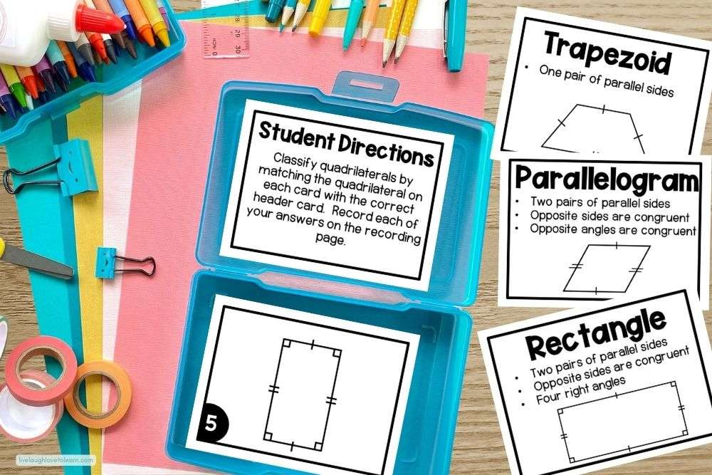 Quadrilateral sort task cards with trapezoid, parallelogram, and rectangle definitions used for hands-on geometry review games.
