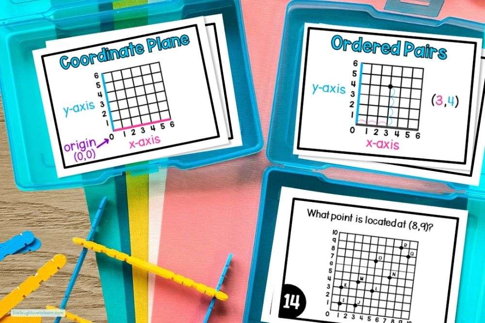 Coordinate plane and ordered pairs task cards in plastic cases for hands-on geometry review games in upper elementary math.