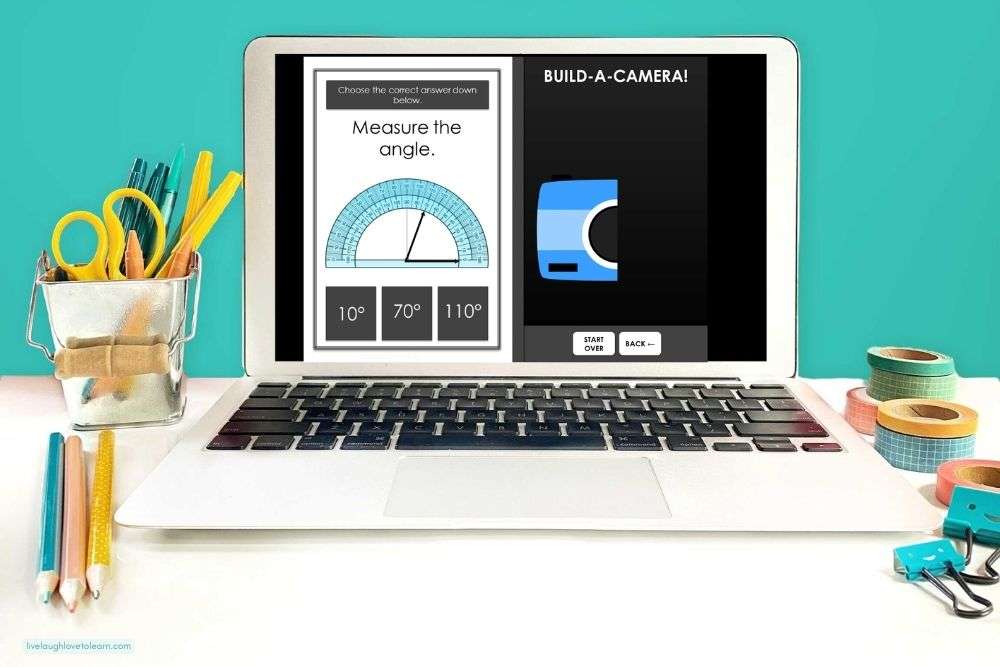 Digital measuring angles game with protractor and multiple-choice answers used for interactive geometry review practice.