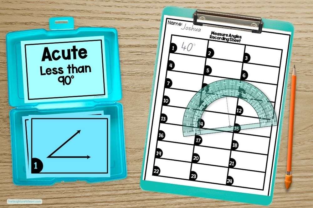 Angle measurement task cards and recording sheet with protractor used in a hands-on geometry review game for upper elementary students.