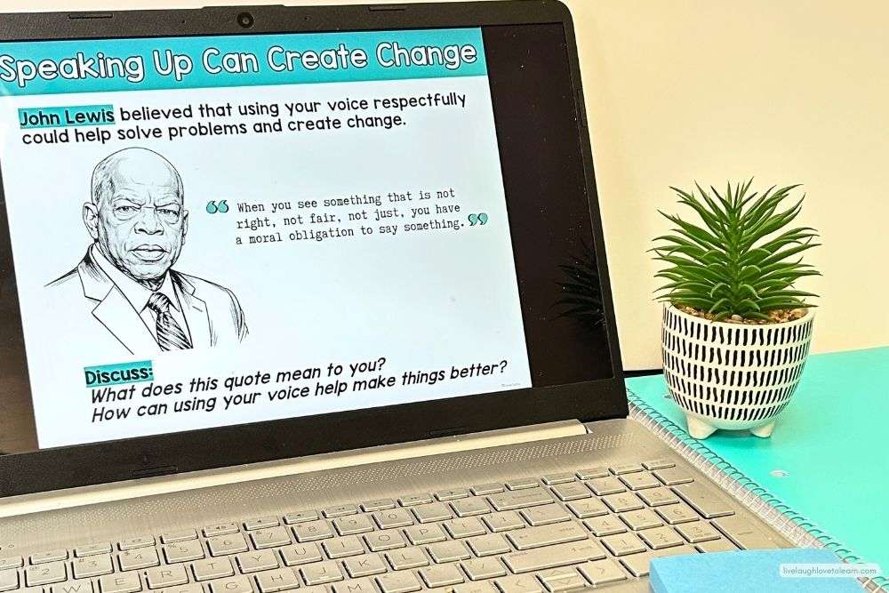 Lesson slide featuring John Lewis with a quote about speaking up and creating change, used to spark student discussion about voice and justice.