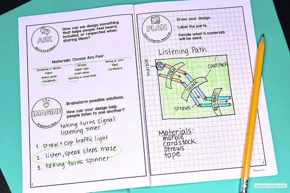Student planning page from the Voices Matter STEM challenge showing a hand-drawn design focused on listening, taking turns, and respectful communication.