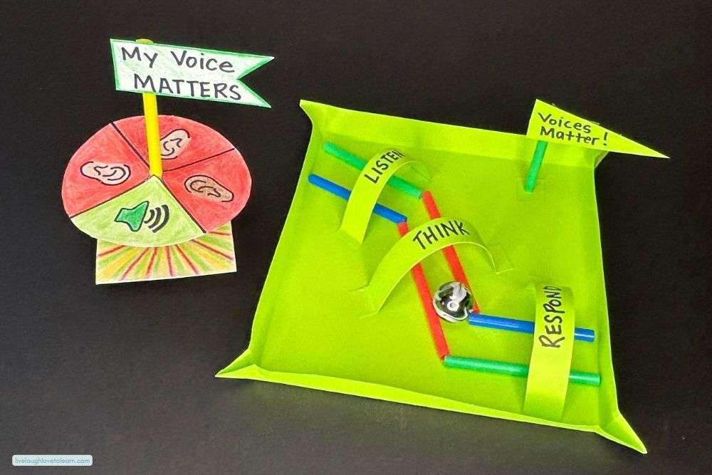 Student-created STEM designs showing listening, thinking, and responding, highlighting the idea that every student’s voice matters.
