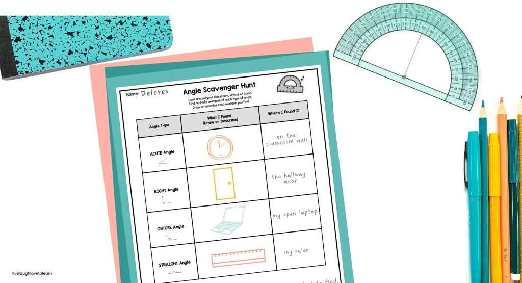 Angle scavenger hunt worksheet for identifying acute, right, obtuse, and straight angles in real-world examples