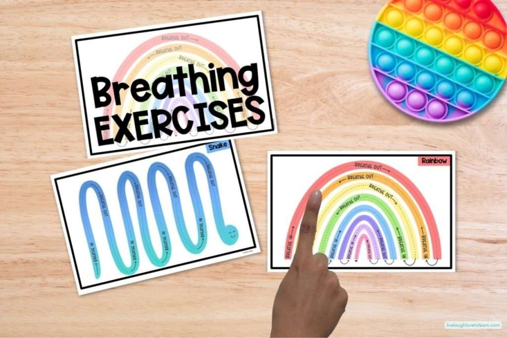 Printable breathing exercises for students including rainbow breathing and snake breathing to support calm down strategies and self-regulation