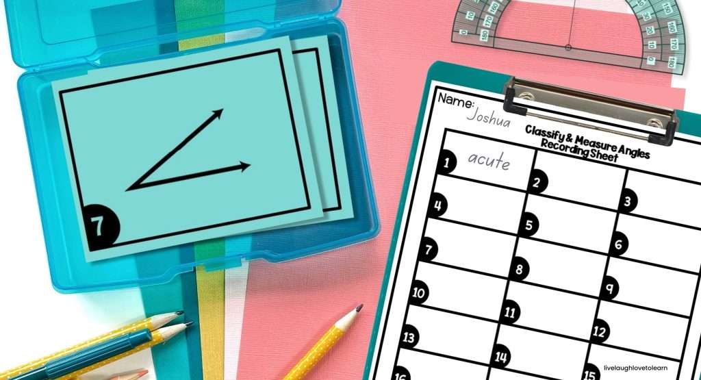 Hands-on activity for classifying and measuring angles using task cards and a recording sheet in elementary math