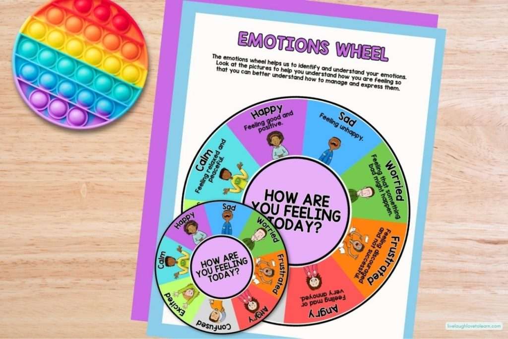 Emotions wheel printable for students to identify and name feelings as part of social emotional learning