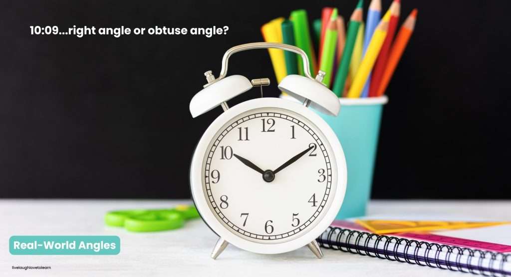 Clock showing 10:09 used as a real-world example to identify whether the angle is right or obtuse in elementary geometry