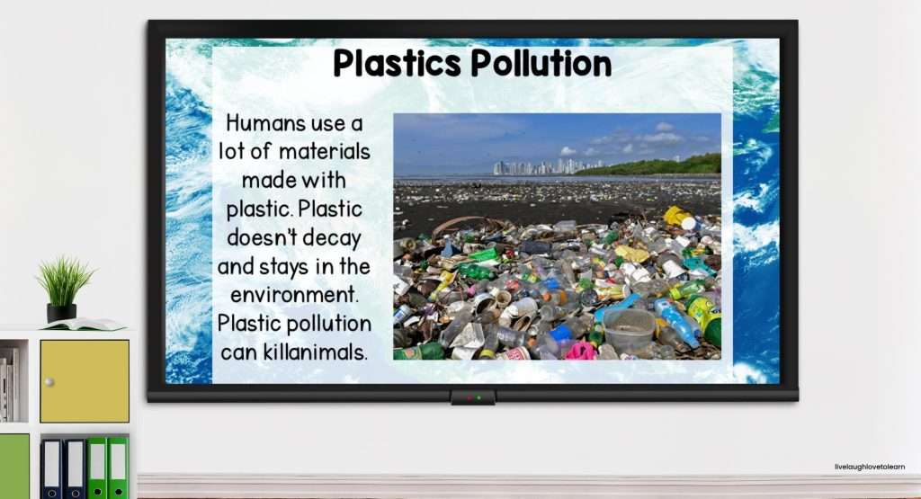 Example Earth Day student presentation slide about plastic pollution research project