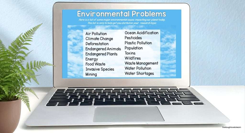 Earth Day environmental issues research project topic list for upper elementary students