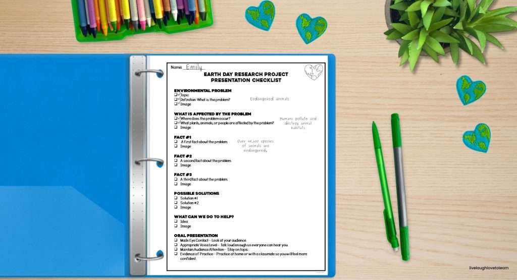 Earth Day research project presentation checklist for student organization and planning