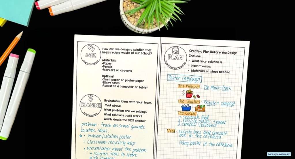 Earth Day STEM challenge student planning pages showing brainstorming and design plan for reducing school waste.