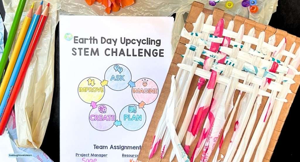 Student Earth Day upcycling STEM challenge using plastic bags to create a woven design with engineering design process journal.