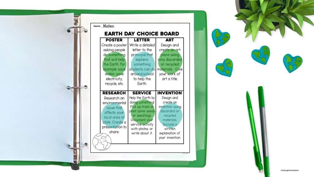 Earth Day choice board project worksheet for elementary students