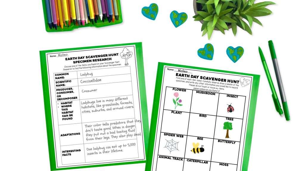 Earth Day scavenger hunt and specimen research worksheets for elementary students