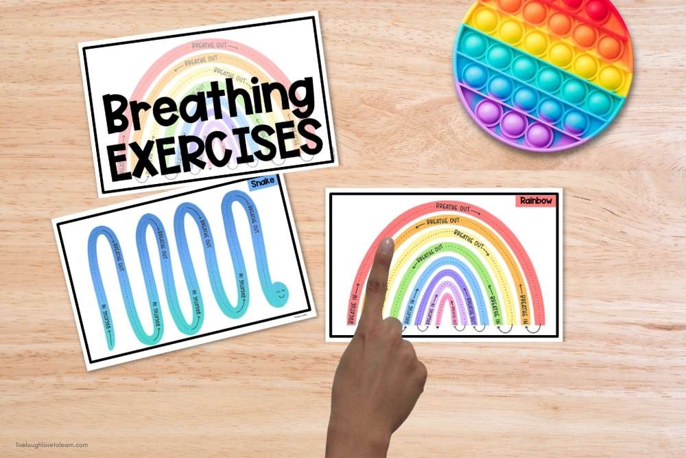Breathing exercises calm down strategy for the classroom showing rainbow and snake breathing visuals used to help elementary students regulate end of year emotions.