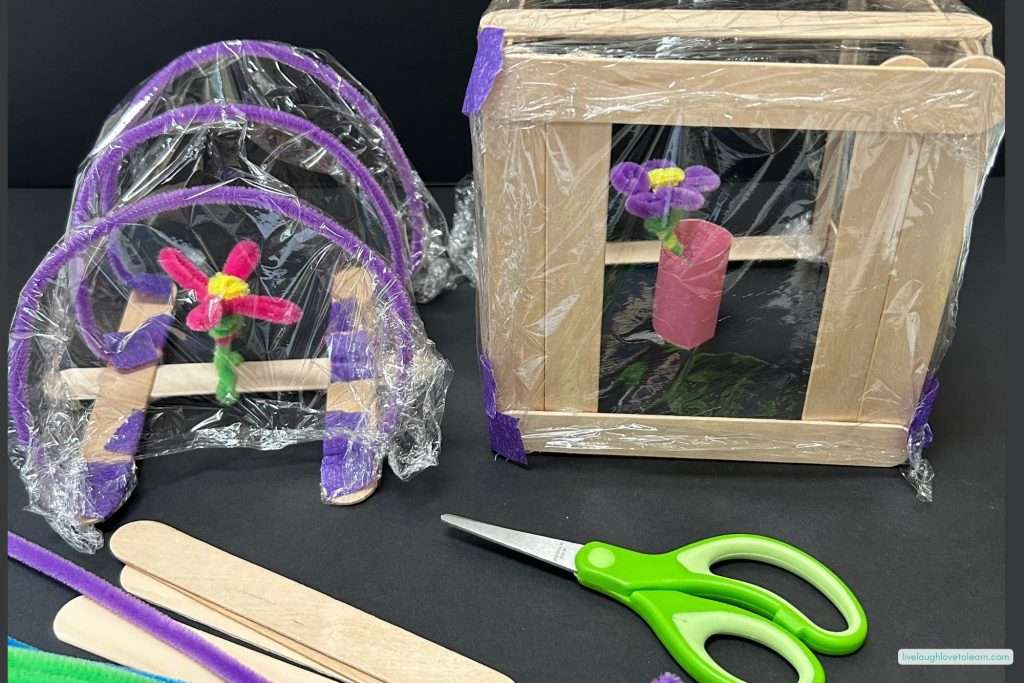 End of year STEM challenges of Two miniature greenhouses made from craft sticks, pipe cleaners, and plastic wrap, with pipe cleaner flowers inside, displayed on a black background alongside scissors and extra craft sticks.