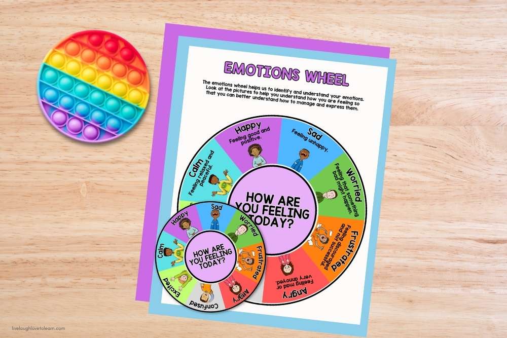 Free emotions wheel printable used as a classroom calm down strategy to help students identify and name their end of year emotions.