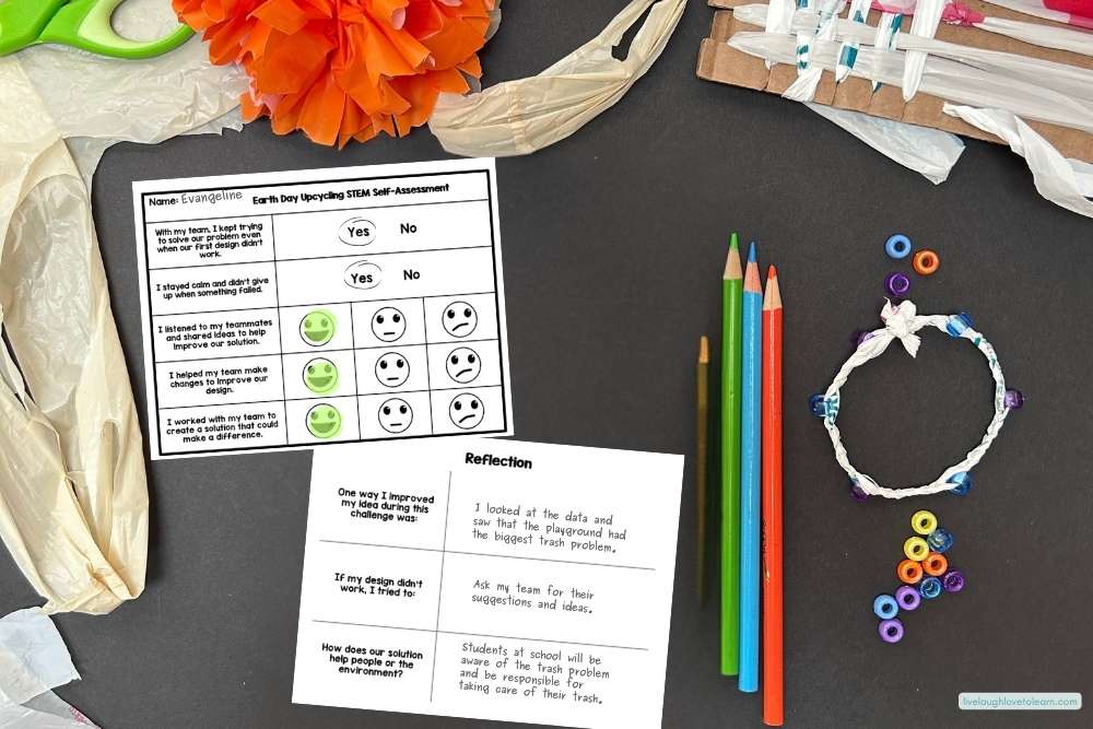 STEM student self-assessment sheet with reflection questions next to colored pencils and engineering materials