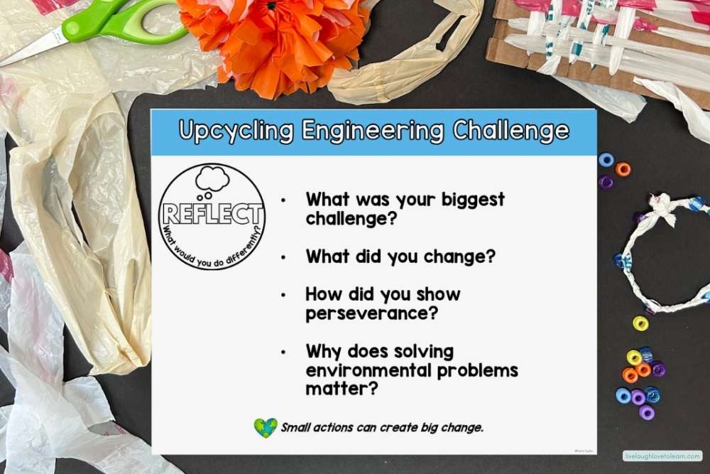 Upcycling Engineering Challenge team reflection card with STEM materials in the background