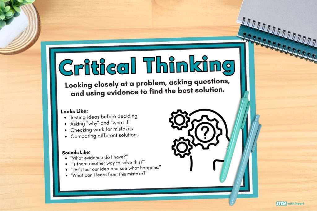 Critical Thinking poster from The 4 C's of STEM set, displayed on a desk with teal pens, showing "looks like" and "sounds like" examples for STEM classrooms